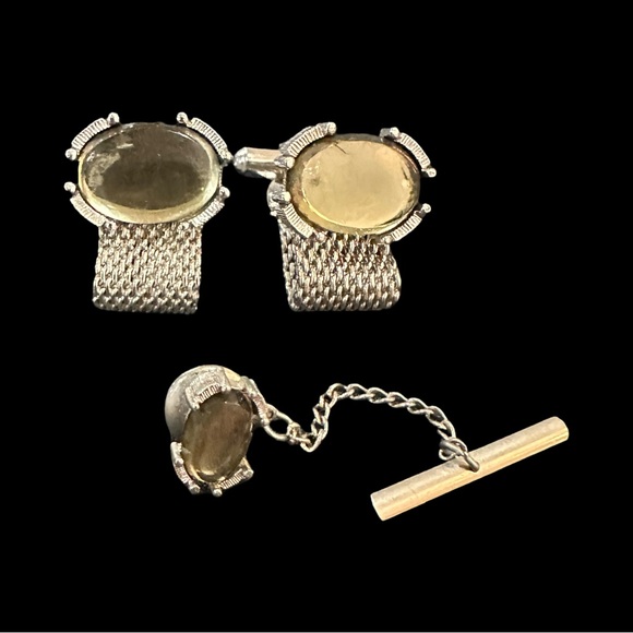 Vintage Mesh Cufflinks Tie Tack Set Silver Tone - Picture 1 of 2